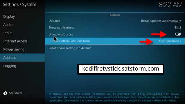 how to enable unknown sources on kodi 20.2