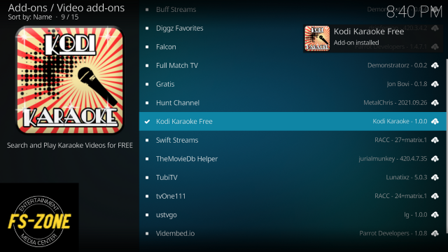 Kodi Karaoke Free Add-on installed notification